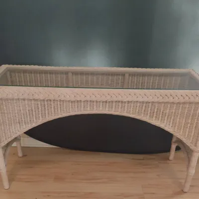 White Wicker Console Table With Glass Inset Top