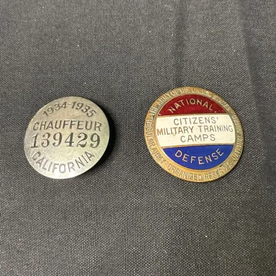 Vintage 1934–1935 California Chauffeur Badge & National Defense Military Training Camps Pin