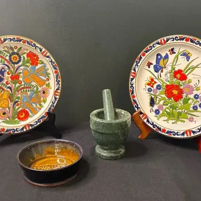 Colorful Rhodian Plates, Green Stone Mortar & Pestle, and Pottery Bowl