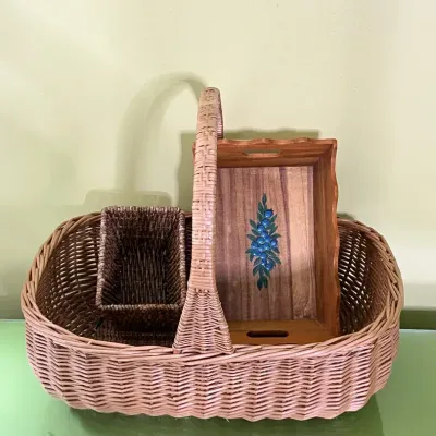 Wicker Baskets And Wooden Tray