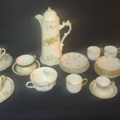 Vintage Porcelain Chocolate Pot And Gorgeous Cups And Saucers