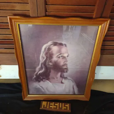 1941 Jesus Lithograph and Modern Wood Sign