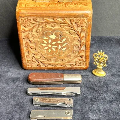 Wooden Box Of Pocket Knives + More