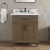 Sale Photo Thumbnail #6: Modern single-basin bathroom vanity in a weathered wood finish, featuring a white stone countertop, integrated sink, and black hardware.
