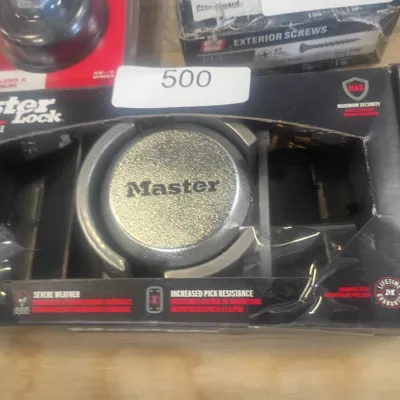 Sale Photo Thumbnail #12: Master Lock Magnum heavy-duty hidden shackle lock and hasp set in original packaging.