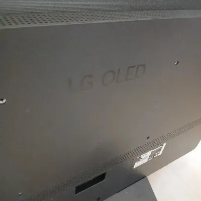 Back panel of a modern LG OLED flat-screen television with embossed branding and VESA mounting points.