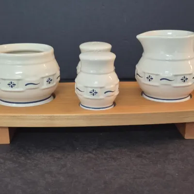 Sale Photo Thumbnail #22: Longaberger "Woven Traditions - Classic Blue" Open Sugar Bowl, Creamer, Salt & Pepper with Woodcraft Riser