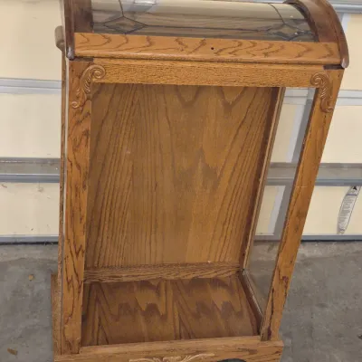 Sale Photo Thumbnail #49: MCM Traditional Oak Quilt Display Case with Leaded Glass Top - 26" x 15" x 42"