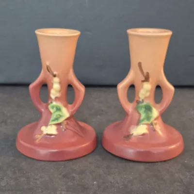 Sale Photo Thumbnail #6: Vintage 1950s Roseville "Snowberry Dusty Rose" Pair of Candlesticks
