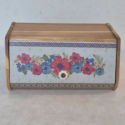 Sale Photo Thumbnail #50: The Pioneer Woman wooden countertop bread box with floral pattern roll-top door and ceramic knob.