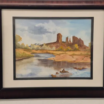 Sale Photo Thumbnail #20: Framed Cathedral Rock - Sedona, AZ Watercolor by S. Rutledge - 21½" x 17½"