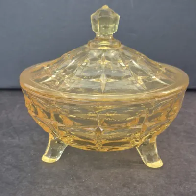 Sale Photo Thumbnail #2: Vintage 1970s "Constellation Yellow" by Tiara Glass 3-Toed Candy Dish with Lid