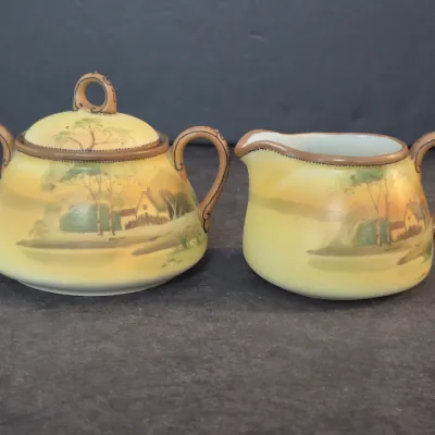 Sale Photo Thumbnail #23: Antique 1911-1921 Noritake Hand Painted Nippon Sugar Bowl & Creamer - Farm Scene