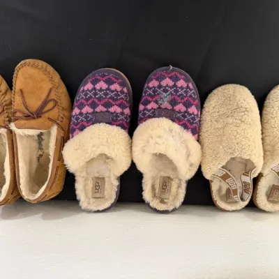 Bundle Lot of 3 UGG Slippers: Ansley Suede Moccasins (9), Fluff Yeah Clog Slides, Purple Fair Isle H