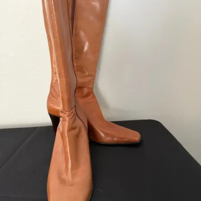 Vintage 90s Y2K NINE WEST Cognac Tan Leather Square Toe Boots Red Sole Rare VTG Size 8.5