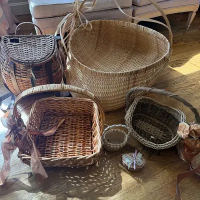 Vintage & Antique Woven Basket Lot – Rustic Wicker, Gathering, & Pack Baskets
