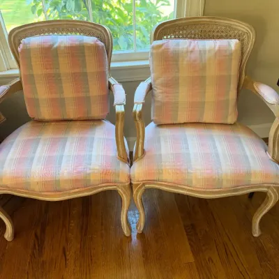 Pair of Vintage French Louis XV Style Cane Back Armchairs - Plaid Upholstery