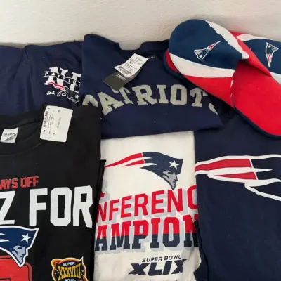 New England Patriots Fan Apparel & Merchandise Lot – T-Shirts, Sweatshirt, & Slippers