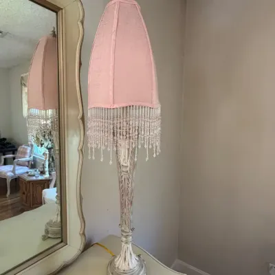 Vintage-Style Pink Victorian Boudoir Lamp - Beaded Fringe & Distressed Base, 36" H