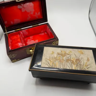 Lot of 2 Vintage Asian Jewelry Boxes - Japan Westland Music Box & Shanghai Brass Jade Box