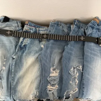 Y2K Aesthetic Denim Lot: NWT Miss Me Rhinestone Belt (S) & 5 Pairs Distressed Jeans + Lucky Brand Ch
