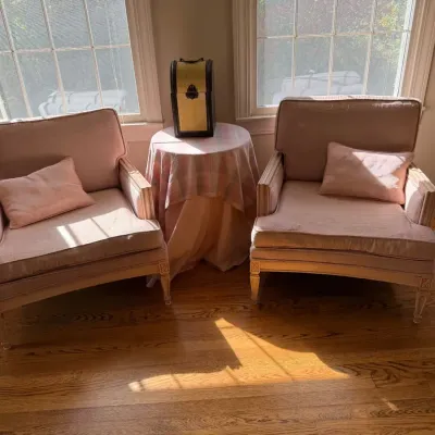 Vintage French Louis XVI Style Bergère Armchairs – Pink Upholstery – Pair