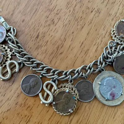 Vintage Lincoln Wheat Penny & Jefferson Nickel Coin Charm Bracelet with Dollar Sign Charms