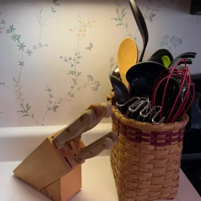Kitchen Utensil Assortment with Woven Holder & Wood Knife Block Set