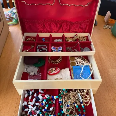 Vintage Multi-Tier Jewelry Box with Red Velvet Interior & Assorted Jewelry Collection
