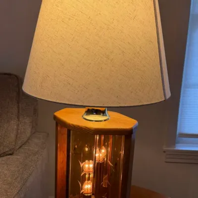 Vintage Lighted Curio Table Lamp with Etched Glass Panels, Mirrored Interior & Wood Base