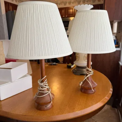Pair of Vintage Mid-Century Modern Turned Wood Table Lamps with Pleated Shades