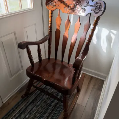 Vintage Virginia House Furniture - Solid Wood Floral Carved Spindle Back Rocking Chair w/ Markings
