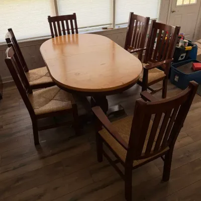 7-Piece Mission Style Wood Dining Set - Oval Pedestal Table & Six Rush Seat Chairs