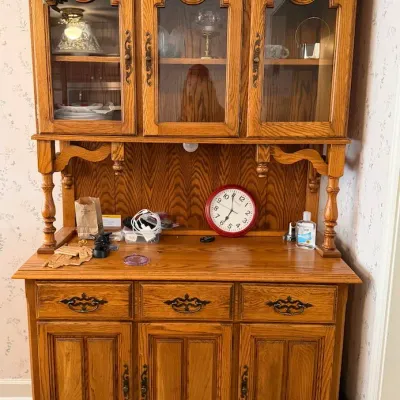 Traditional Oak China Hutch & Buffet Cabinet with Glass Display Doors and Ornate Hardware