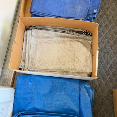 Large Assortment of Heavy-Duty Blue & Silver Utility Tarps with Reinforced Grommets