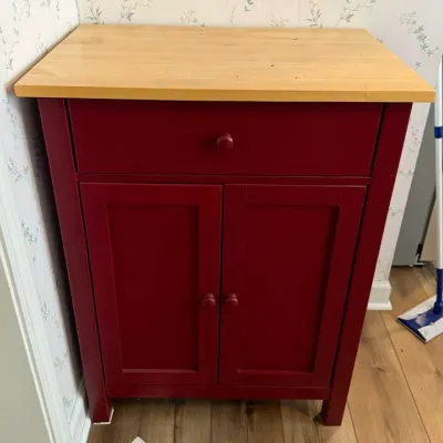 Burgundy Red Kitchen Storage Cabinet with Natural Wood Butcher Block Style Top