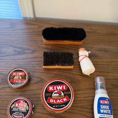 Vintage KIWI Shoe Polish & Shoe Care Collection with Condor Horsehair Brushes - 7 Pieces