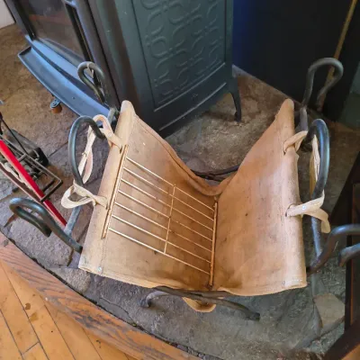 Sale Photo Thumbnail #38: Leather and iron kindling basket
