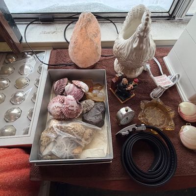 An eclectic tabletop collection featuring a pink salt lamp, a white ceramic rooster pitcher, a metal box filled with sea shells and...