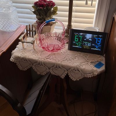 Fenton-style pink ruffle-rimmed glass basket on a crocheted doily, displayed alongside a digital weather station display.