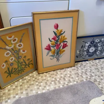 Lot Of 3 Floral Vintage Needlework Crewel Wall Art   