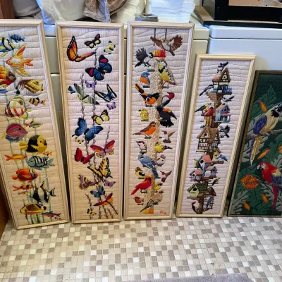 Lot Of 5 Tall And Skinny Vintage Needlework Crewel Wall Art   