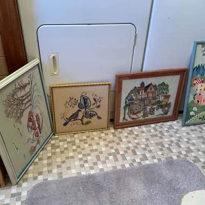 Lot Of 4 Vintage Needlework Crewel Wall Art   