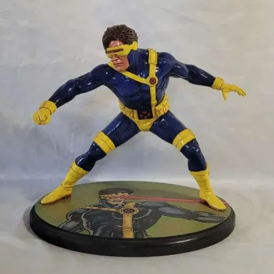 1990s Hand Painted Cyclops X-Men Superhero Statue with Homemade Wooden Base Marvel Comics