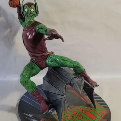 1990s Hand Painted Green Goblin SuperVillain Statue with Homemade Wooden Base Marvel Comics