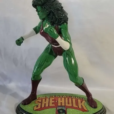 1990s Hand Painted Sensational She-Hulk SuperHero Statue with Homemade Wooden Base Marvel Comics
