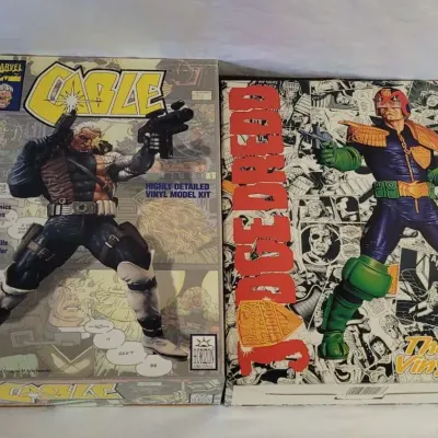 1990s Superhero Vinyl Model Kits - Cable Marvel Comics and Judge Dredd Open Box