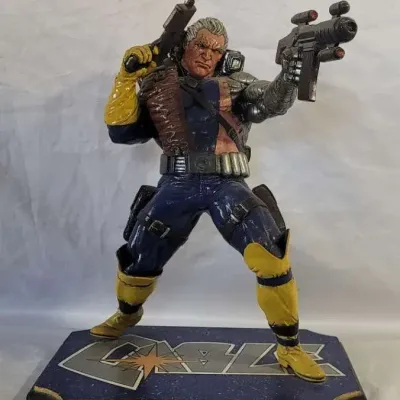 1990s Hand Painted Cable SuperHero Statue with Homemade Wooden Base Marvel Comics X-Men
