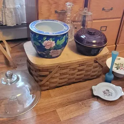 Miscellaneous Glassware and Kitchenware including Crystal Decanter and Picnic Basket