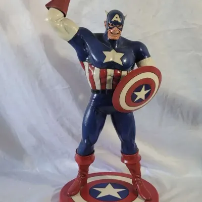 1990s Hand Painted Captain America Superhero Statue with Homemade Wooden Base Marvel Comics